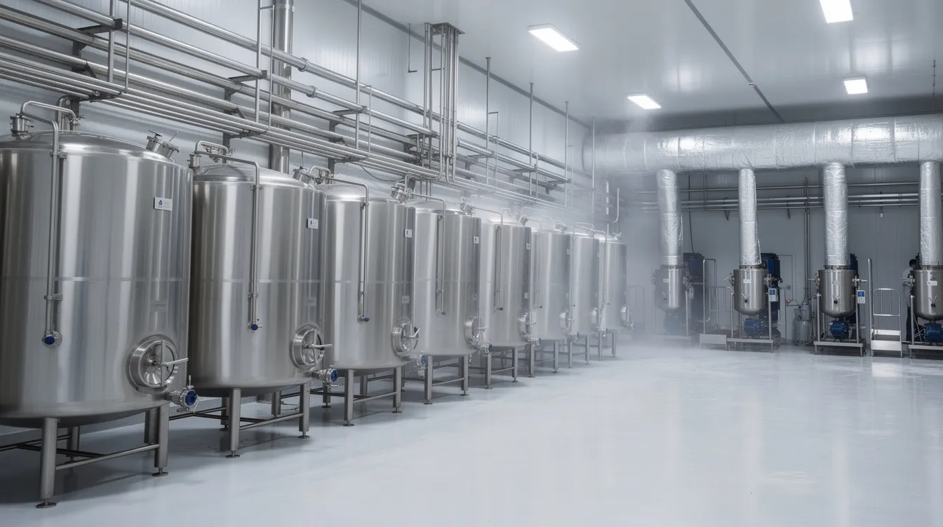 ed75dd73 0256 4fdf 8976 4358974ce071 The image depicts an industrial dairy processing area featuring large stainless steel tanks and an extensive network of piping connected to a sophisticated refrigeration system. This setup is crucial for maintaining controlled temperatures in cold storage facilities, essential for preserving the quality and nutritional value of dairy products like milk, cheese, and yogurt throughout the dairy supply chain.