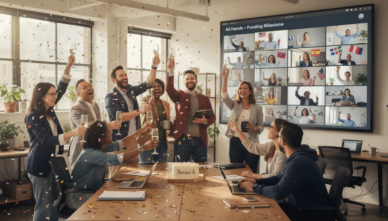 A startup team joyfully celebrates a funding milestone, with team members from around the globe visible on video screens, showcasing a diverse group of HR professionals and leaders engaged in a collaborative moment. This image reflects the vibrant community of people ops professionals and highlights the importance of networking and knowledge sharing in the HR tech industry.