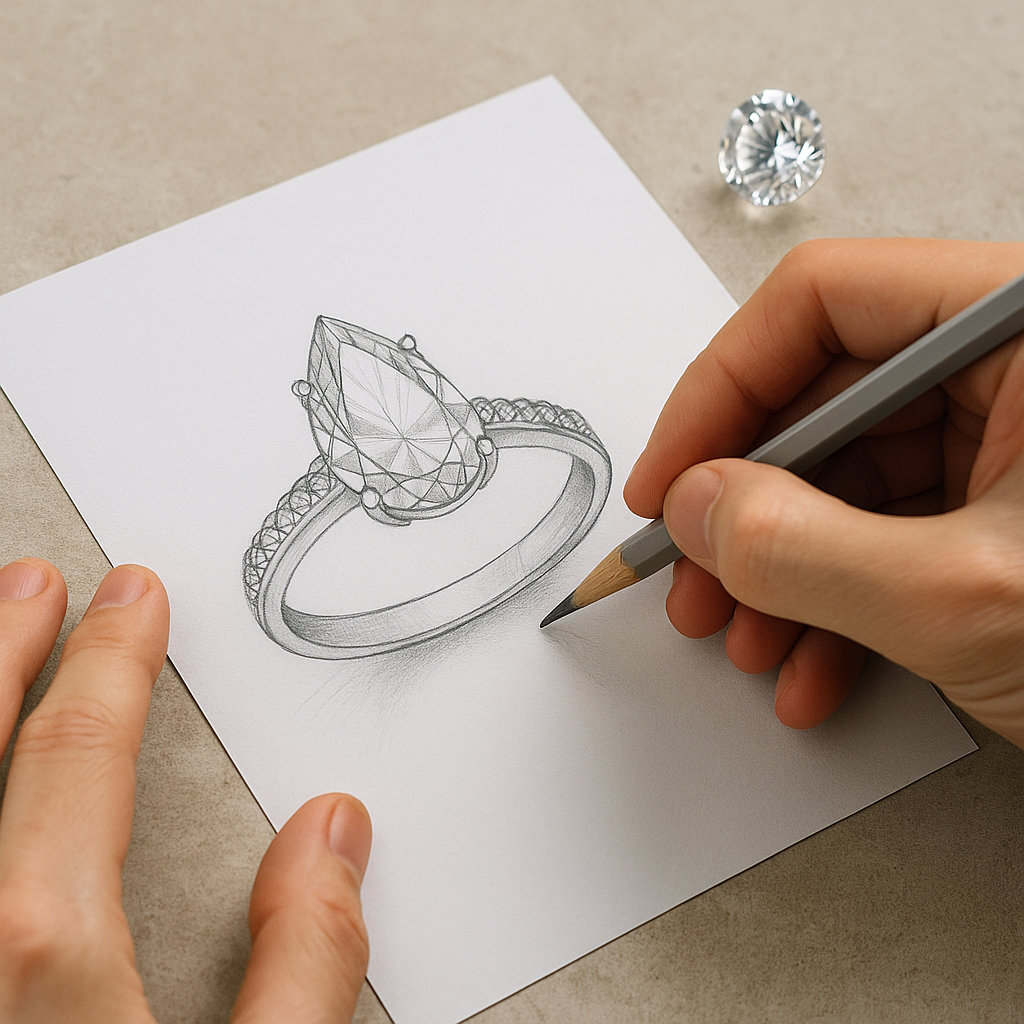 Juvelyras piešia kriaušės formos deimanto žiedo eskizą ant popieriaus