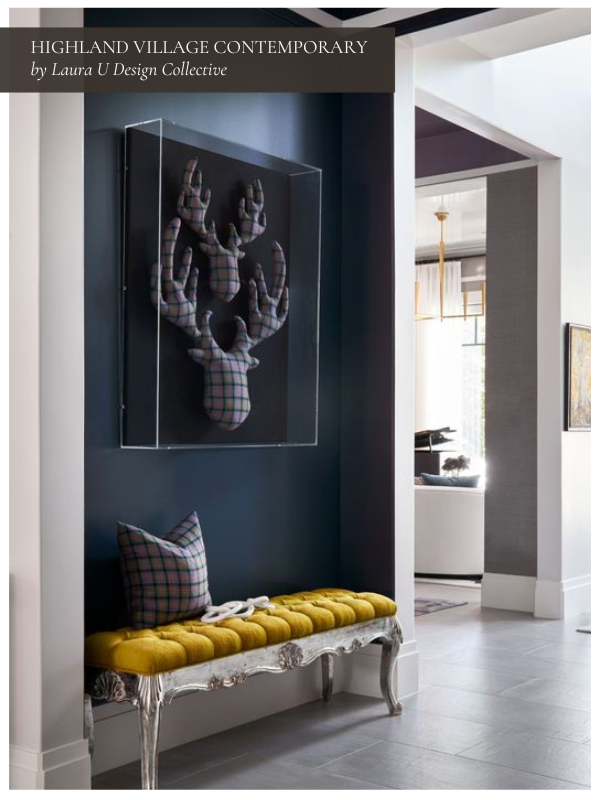plaid pillows and art object in our Highland Village Contemporary project