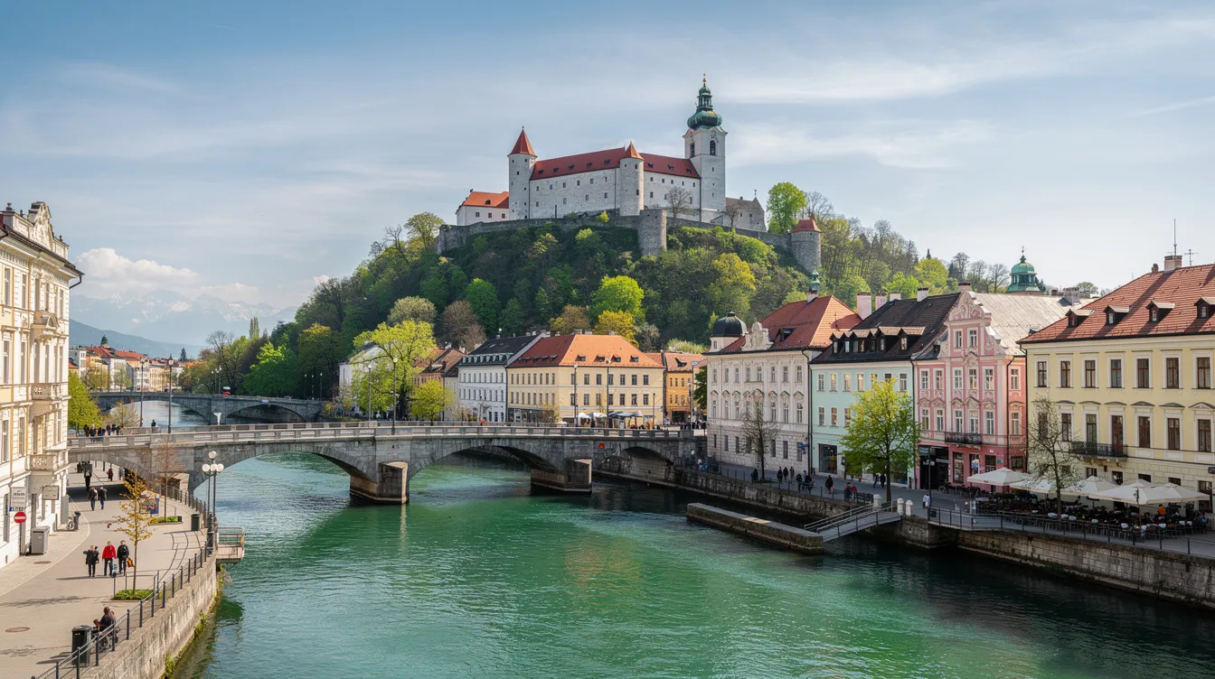 A panoramic view of Ljubljana showcases the picturesque city with a winding river, charming bridges, and a historic hilltop castle surrounded by lush green trees. This vibrant scene reflects Slovenia's beauty, which can be appealing for Indian candidates seeking new jobs and opportunities in the EU member state.