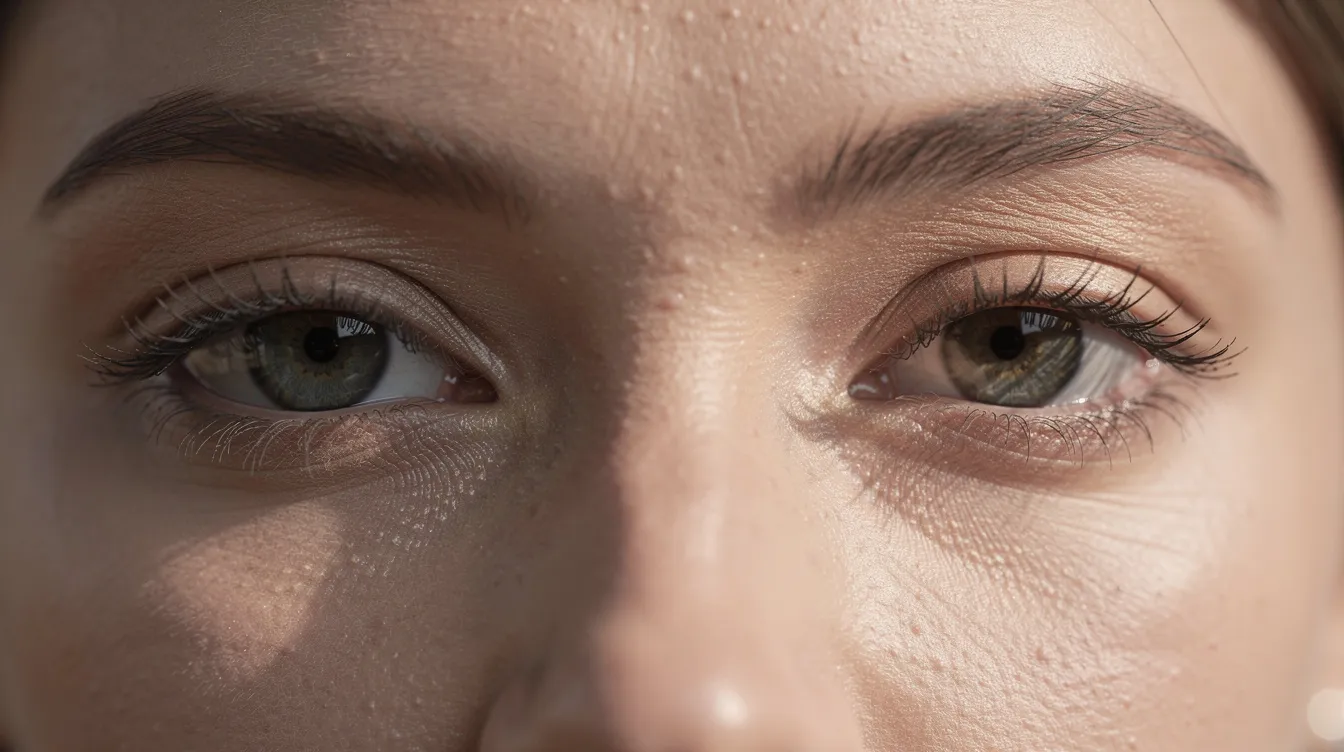 A close-up of a person's eyes illuminated by soft natural daylight, highlighting the natural skin texture around the eye area, which may reflect the healing process following upper eyelid surgery. The image captures the subtle signs of recovery, such as residual swelling and the natural eyelid crease, indicative of the body's healing process about a week after the procedure.