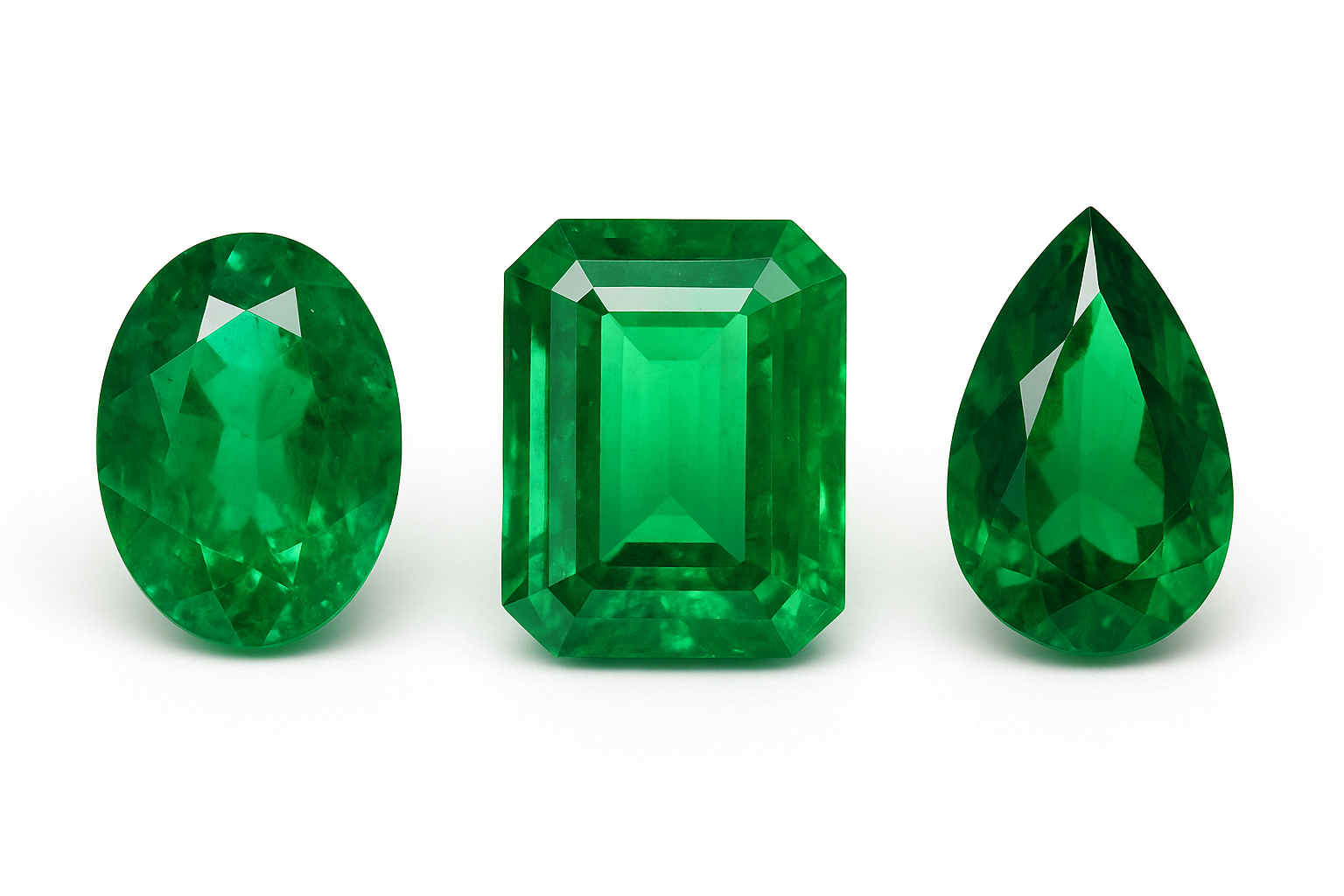 Kolekcija smaragdų įvairių formų – ovalo, smaragdo ir kriaušės pjūvio – baltame fone.