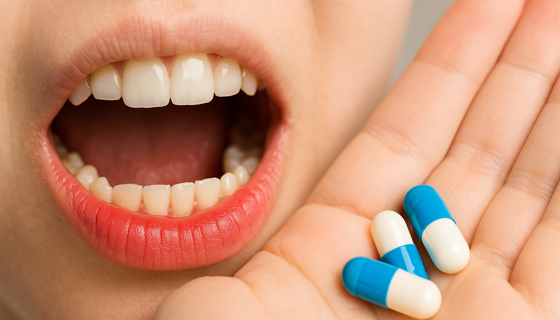 Tannkjøttbetennelse og antibiotika: Når medisiner er nødvendig 3 Åpen munn med rødt tannkjøtt ved siden av hånd som holder tre blå og hvite antibiotikakapsler.