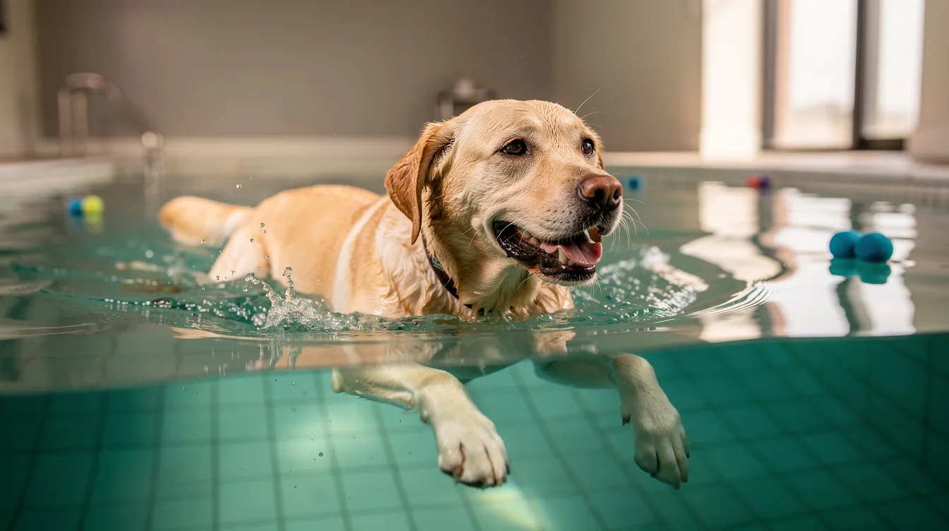 A joyful Labrador retriever is swimming in a calm hydrotherapy pool, promoting healthy joints and providing relief for dogs with arthritis. This therapeutic environment supports pain management and rehabilitation for older dogs and those affected by degenerative joint disease.