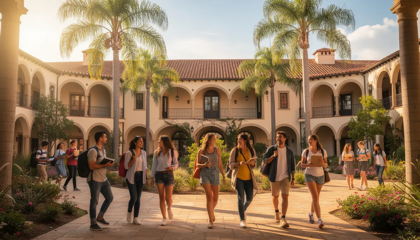 Des étudiants marchent à travers une cour universitaire ensoleillée, entourée de palmiers et d'une architecture historique typique des universités espagnoles. Ce cadre agréable reflète la vie étudiante en Espagne, où les jeunes s'engagent dans leurs études supérieures.
