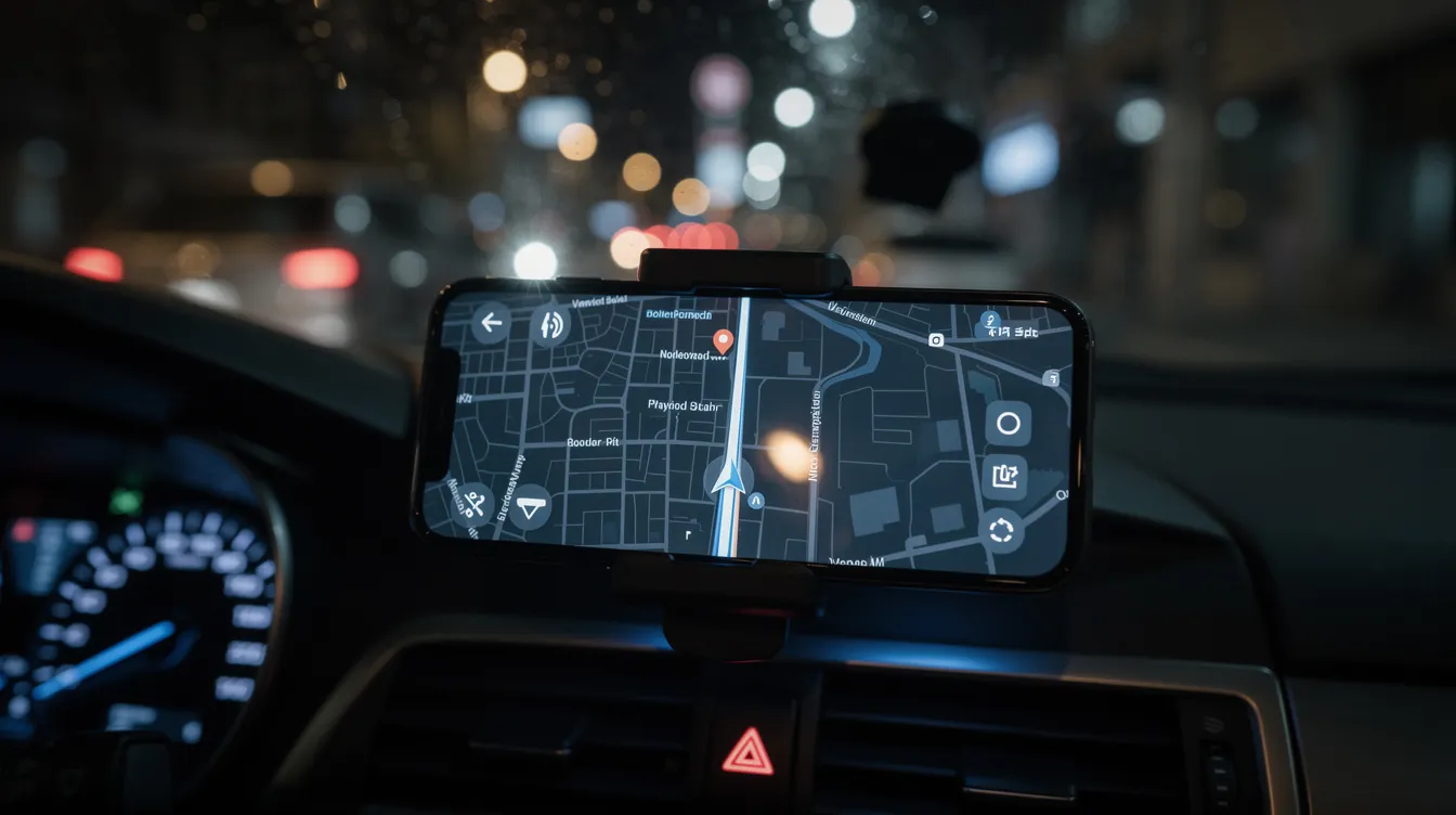 A smartphone is mounted on a car dashboard, displaying a navigation map against a dark night backdrop. This image illustrates the use of rideshare services like Uber or Lyft, highlighting the importance of navigation for drivers in rideshare accidents.