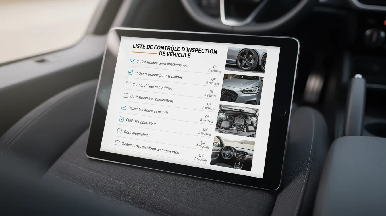 Une tablette affiche une liste de contrôle d'inspection de véhicule, accompagnée de photos illustrant l'état des différents éléments à vérifier. Cet outil de gestion est essentiel pour assurer la qualité des véhicules proposés par les agences de location de voitures.