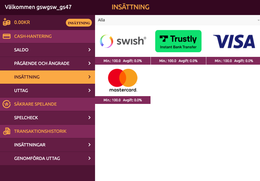 Simba Games Casino insättningssida med Swish, Trustly, Visa och Mastercard
