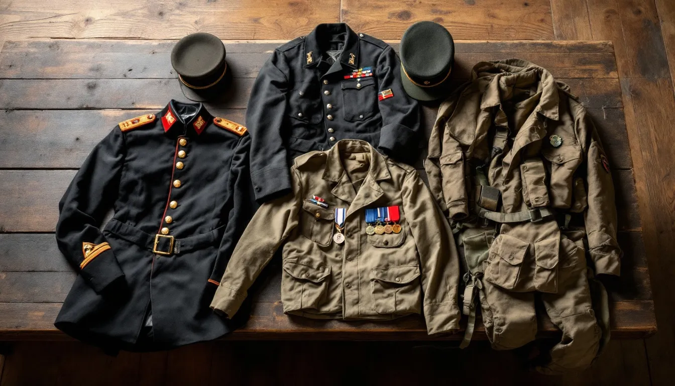 Na stole znajduje się różnorodna kolekcja militariów z różnych epok, w tym broń biała, medale oraz inne przedmioty kolekcjonerskie. Miłośnik historii znajdzie tu prawdziwe perełki, które mogą zyskać nowe życie w odpowiednim antykwariacie lub podczas sprzedaży antyków.