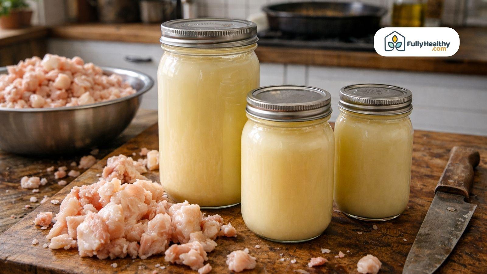 Glass jars filled with rendered beef tallow beside raw fat