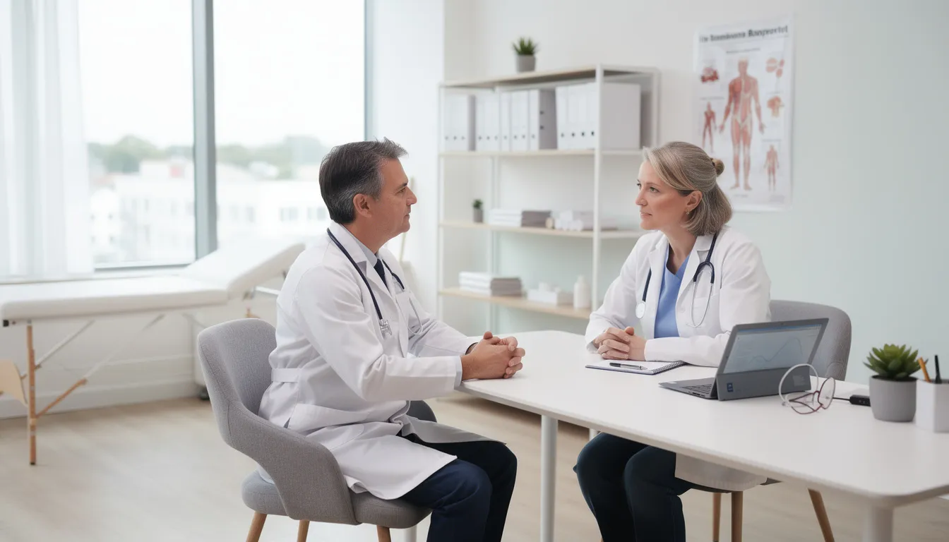 Ein Arzt und ein Patient sitzen in einer modernen Praxis und führen ein Gespräch. Im Hintergrund sind medizinische Geräte und Pflanzen zu sehen, die eine entspannte Atmosphäre schaffen.