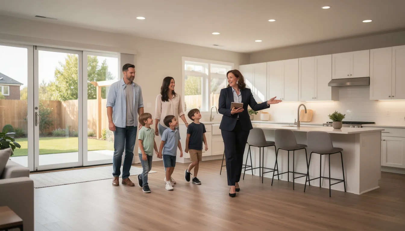 A family is walking through an open house with a real estate agent, exploring potential homes in Connecticut's housing market. The agent is providing insights on current market dynamics and helping them navigate the buyer's market amidst varying interest rates and competition.