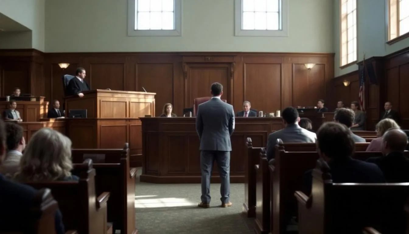 Na zdjęciu znajduje się sala sądowa, w której widać miejsca przeznaczone dla rodziny podczas rozprawy dotyczącej ustalenia miejsca pobytu dziecka. W tle można dostrzec stół sędziowski oraz ławki dla stron postępowania, co podkreśla formalny charakter tego miejsca.