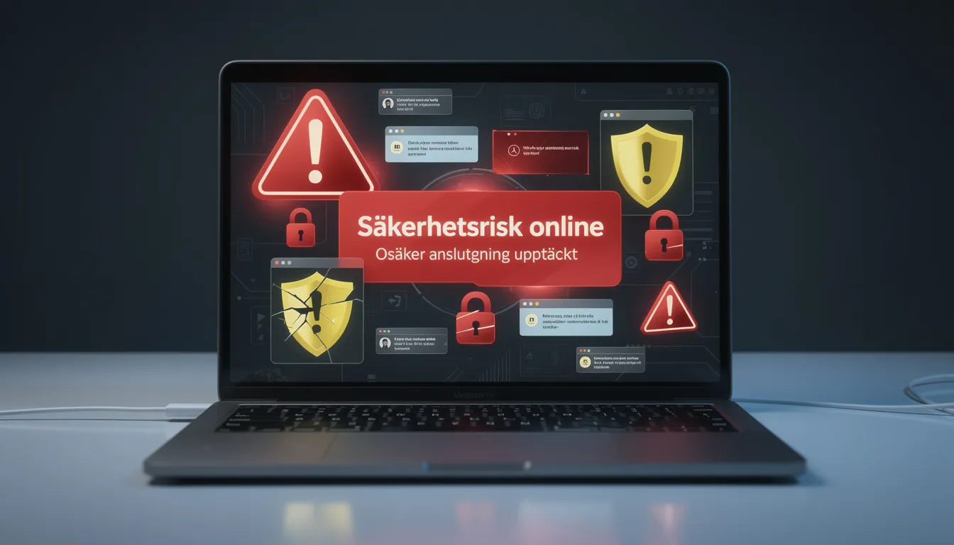 En bärbar dator visas med varningssymboler på skärmen, vilket symboliserar säkerhetsrisker online. Detta påminner om vikten av att vara medveten om svartlistade casinon och att spela ansvarsfullt på online casinon med svensk licens.
