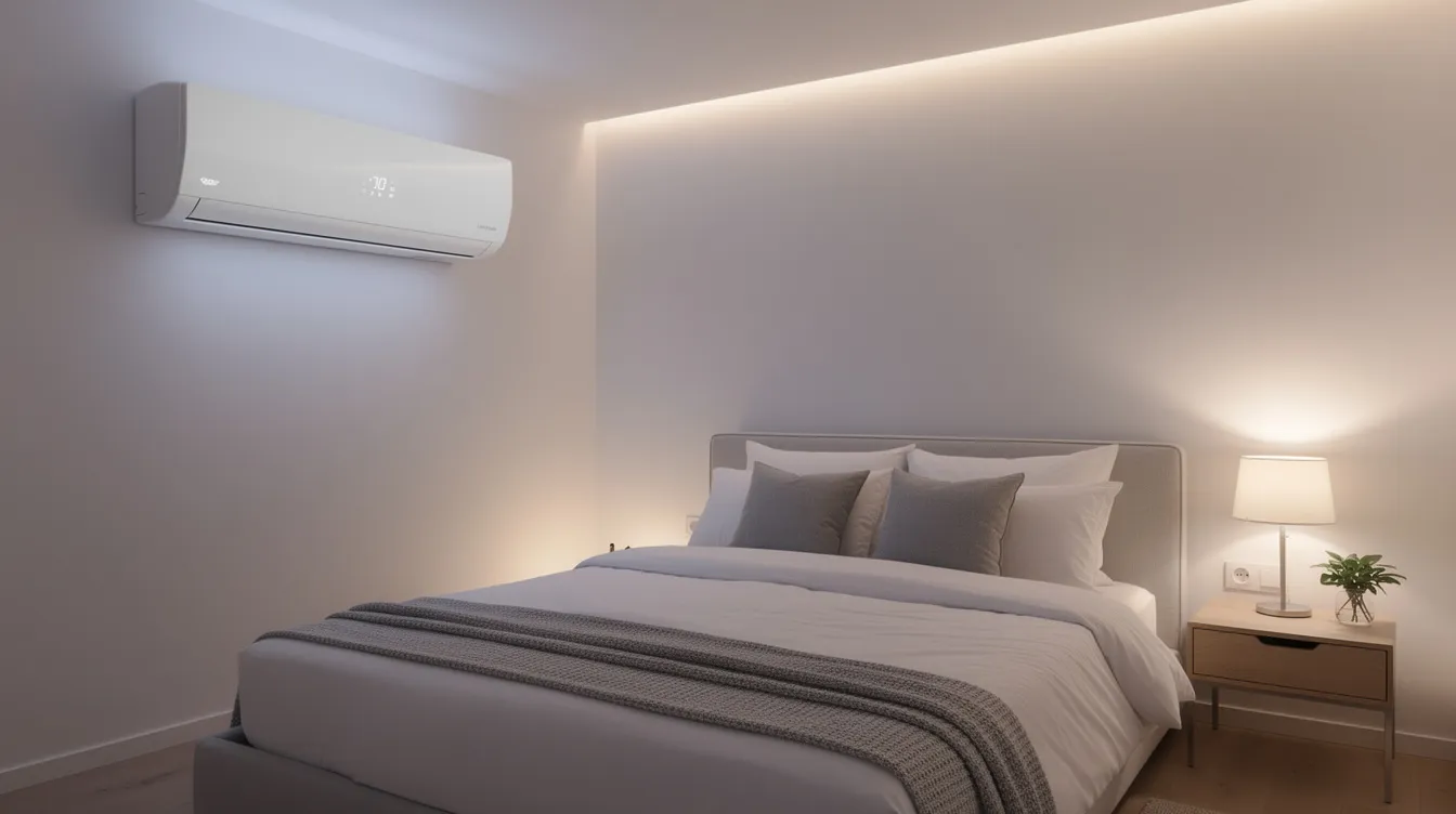 A modern energy-efficient inverter air conditioner is installed above a neatly made bed in a contemporary bedroom, illuminated by soft lighting, creating a comfortable and inviting atmosphere. The air conditioning unit is designed to provide reliable temperature control, ensuring a pleasant environment for relaxation.