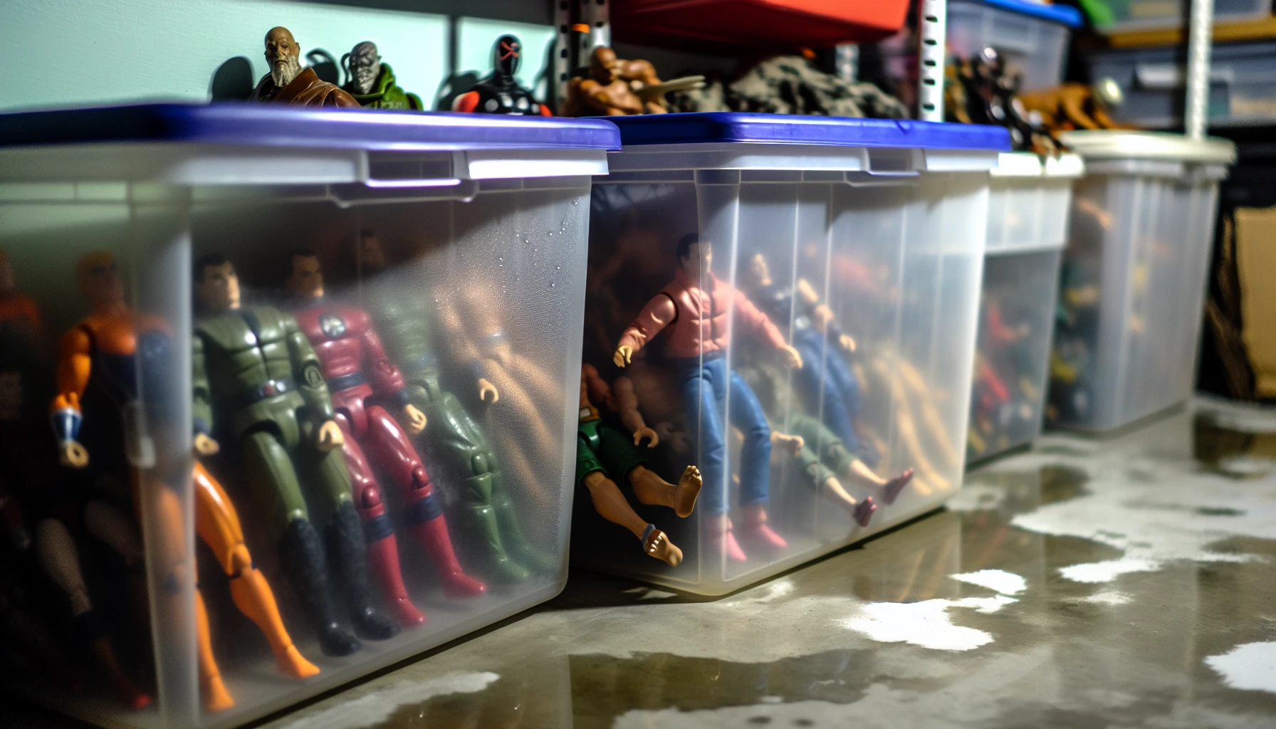 Plastic containers with action figures in a high humidity environment