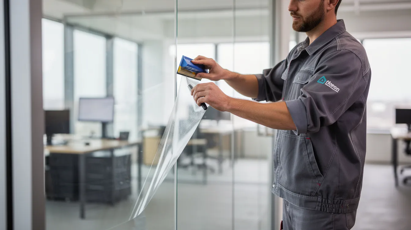 En professionel installatør anvender omhyggeligt sandblæst folie på en stor glaspartition i et moderne kontormiljø. Folien skaber visuel ro og privatliv, samtidig med at den understøtter den visuelle identitet i rummet.