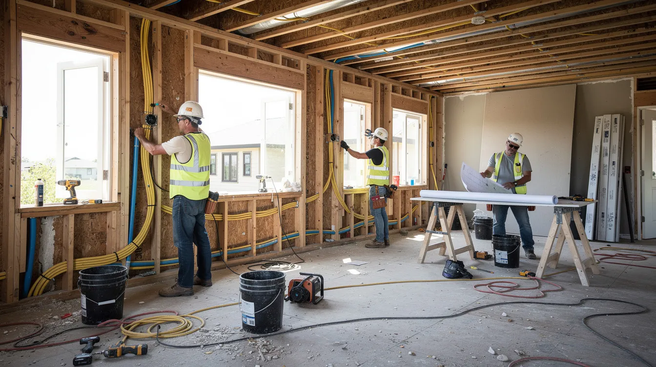 The image depicts construction workers actively renovating the interior of a residential house, showcasing exposed framing and new wiring. This renovation project highlights the importance of financing options like hard money loans for real estate investors looking to successfully complete fix and flip projects.