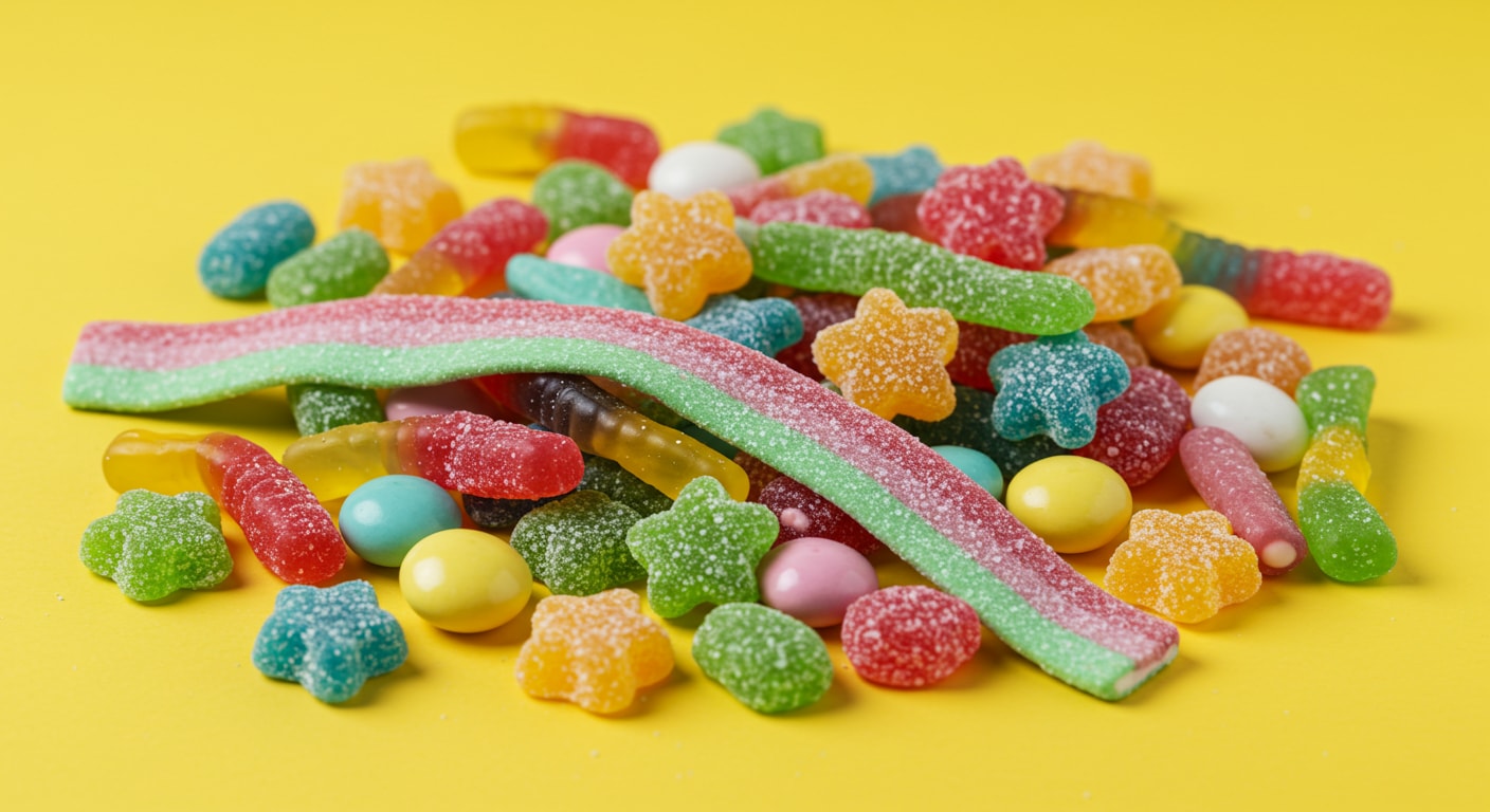 A cheerful mix of sweet and sour Swedish candies, creating a colorful and textured candy spread.