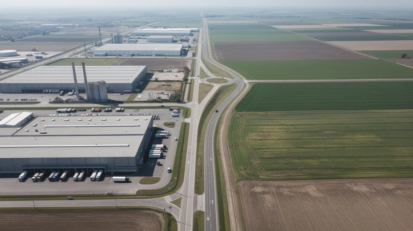 ed89a93e bfda 40a9 b691 7028006b9ff0 An aerial view showcases an industrial area adjacent to expansive agricultural farmland, with roads facilitating access between the two. This setting is ideal for a wheat flour atta plant, highlighting potential opportunities for a flour mill project and the feasibility of establishing a manufacturing plant in the region.