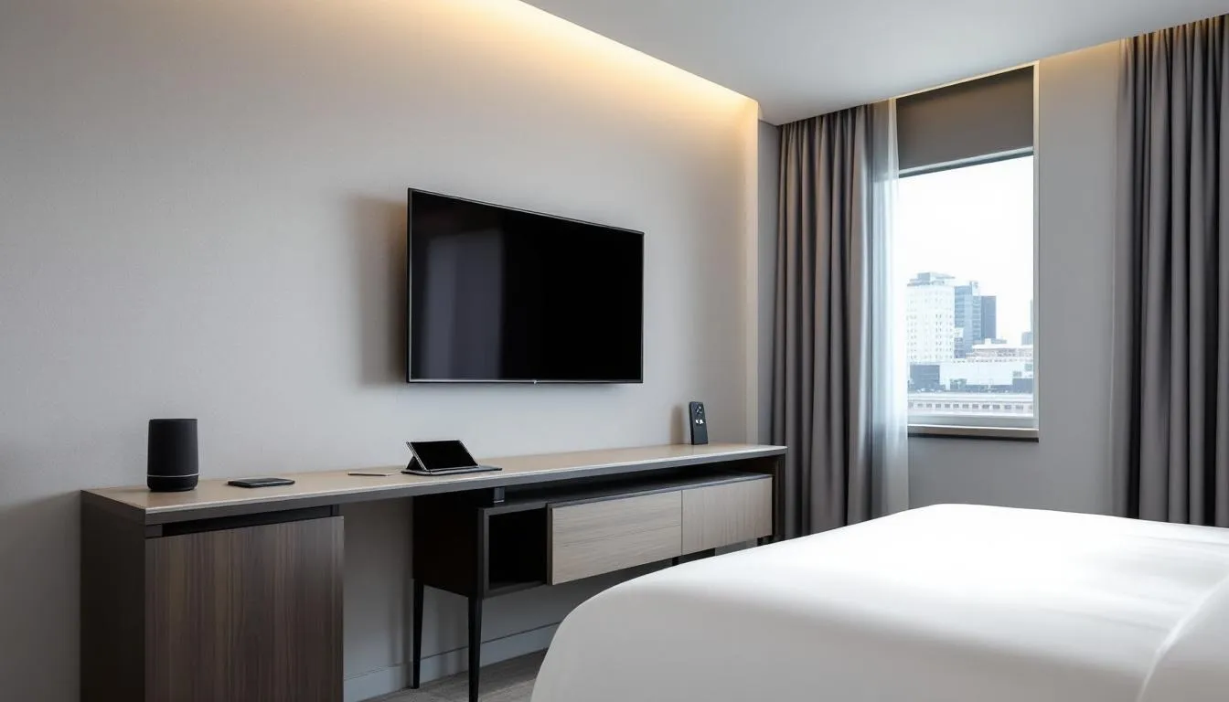 In a modern hotel room, various digital devices are seamlessly integrated with smart technology, allowing guests to easily access hotel services through an app. Features like QR codes and push notifications enhance the guest experience by streamlining order requests for room service and spa treatments.