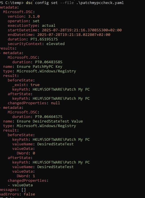 running desired state configuration dsc config set  and specifying the yaml file