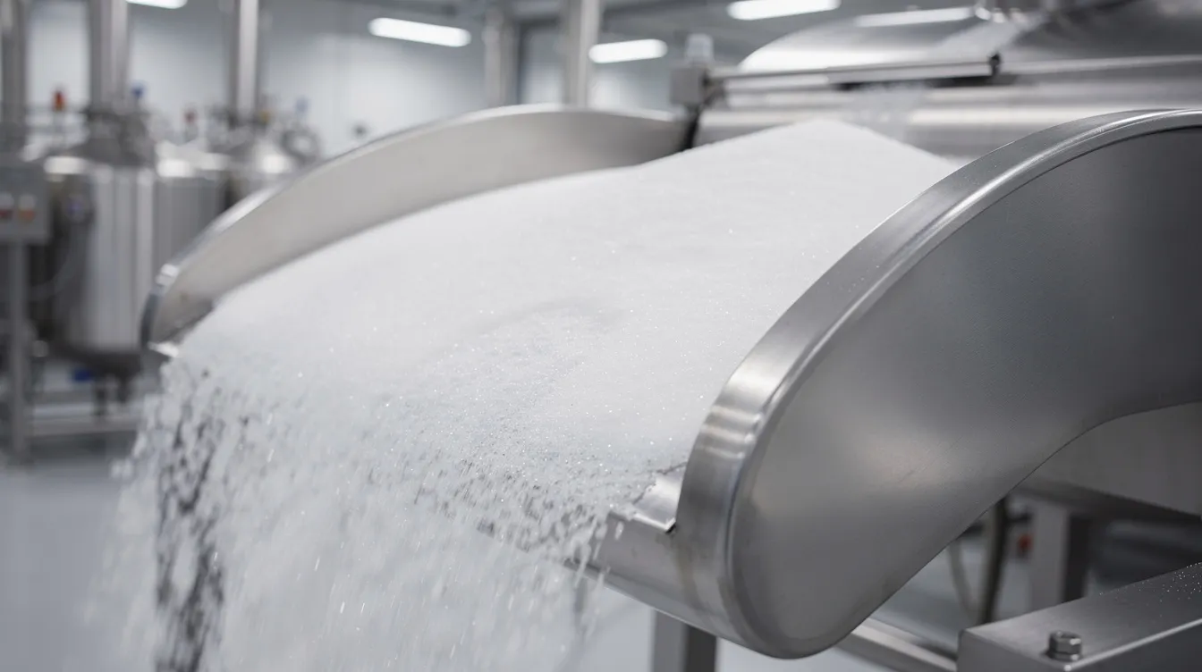 The image shows a close-up view of white crystalline powder, likely dextrose monohydrate, being processed on industrial stainless steel equipment within a food manufacturing facility. This setting highlights the importance of quality control and efficient production processes in the food and beverage industry.