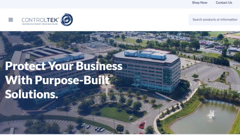 CONTROLTEK website banner with business protection message and corporate campus