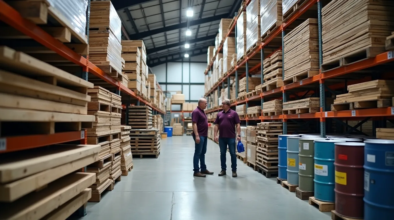 Almacén de materias primas con madera, metales y productos químicos, trabajadores inspeccionan inventario.