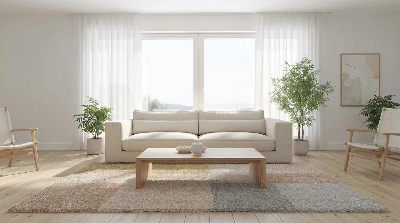 Ett ljust skandinaviskt vardagsrum i Malmö med en beige soffa och ett soffbord i ek, där en matta i naturfärger ligger framför stora fönster som släpper in mycket ljus. Rummet ger en känsla av hem och inspiration med sina utvalda möbler.