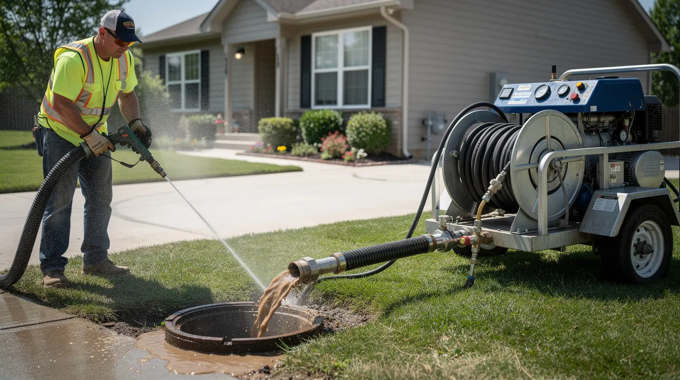The image shows a professional using high-pressure water jetting equipment to clean a residential sewer pipe outdoors, highlighting the importance of effective plumbing repairs for homeowners in Tacoma, WA. The technician demonstrates expertise in resolving clogged drains, ensuring reliable service for the property.