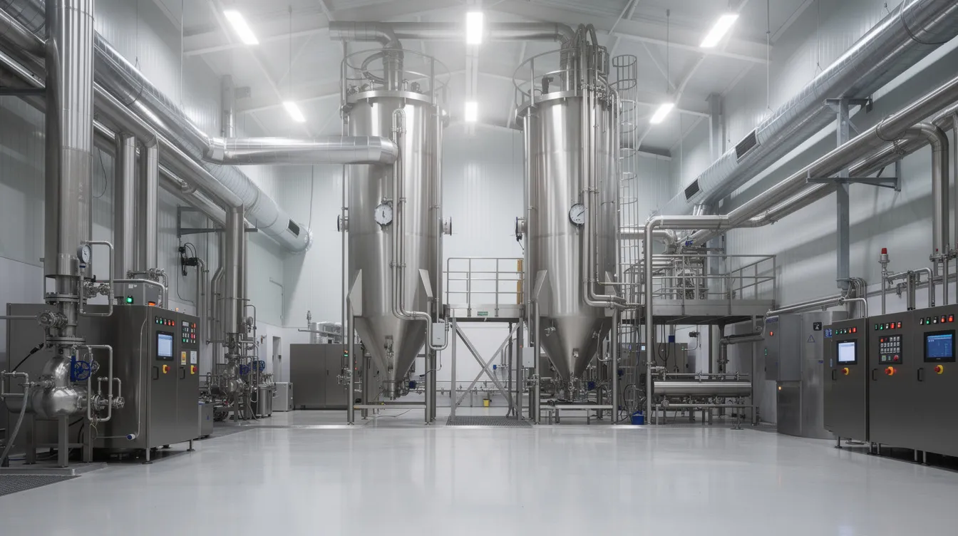 ed91e306 3825 409c aa9d 7af9e472f27d The image depicts the interior of a modern stainless-steel dairy processing plant, featuring large evaporators and spray drying towers essential for the production of whey protein concentrate and whey powder. This facility is designed for efficient cheese production and dairy processing, highlighting the advanced manufacturing processes involved in creating high-quality whey products for various applications, including infant nutrition and sports nutrition.