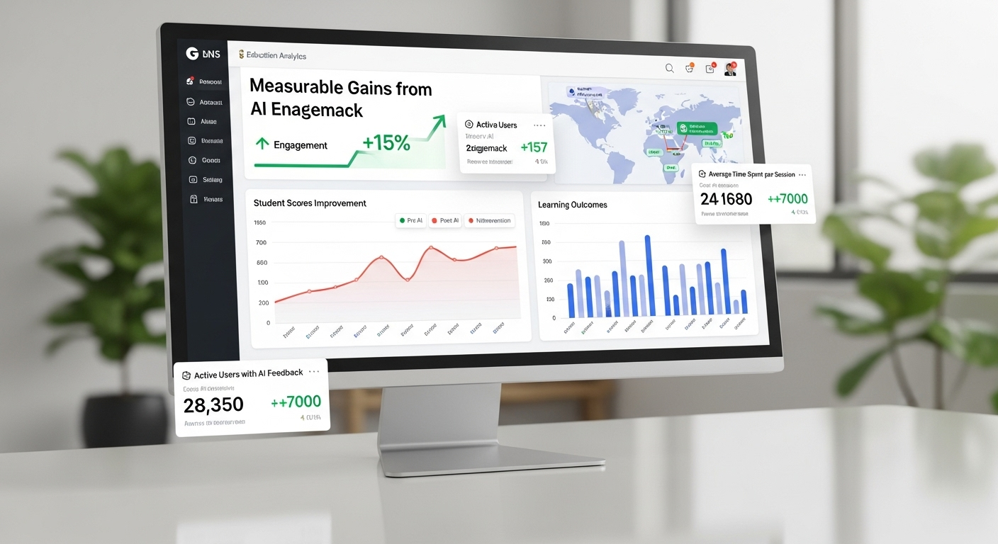 Education analytics dashboard showing measurable gains in engagement, scores, and learning outcomes from AI feedback