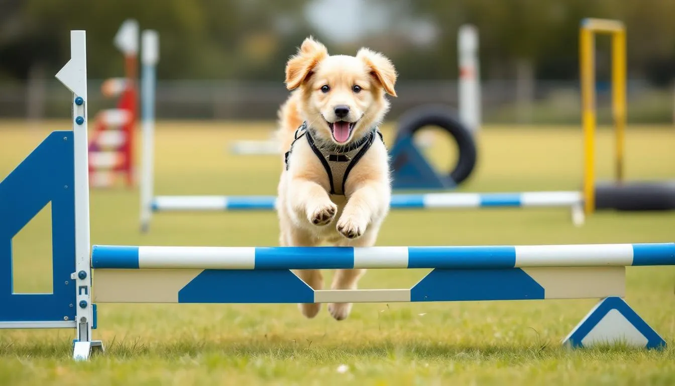 A lively F1 Goldendoodle is seen running through an agility course, showcasing its energetic personality and athleticism. This hybrid dog, a cross between a purebred golden retriever and a poodle, features a wavy coat that highlights its playful nature.