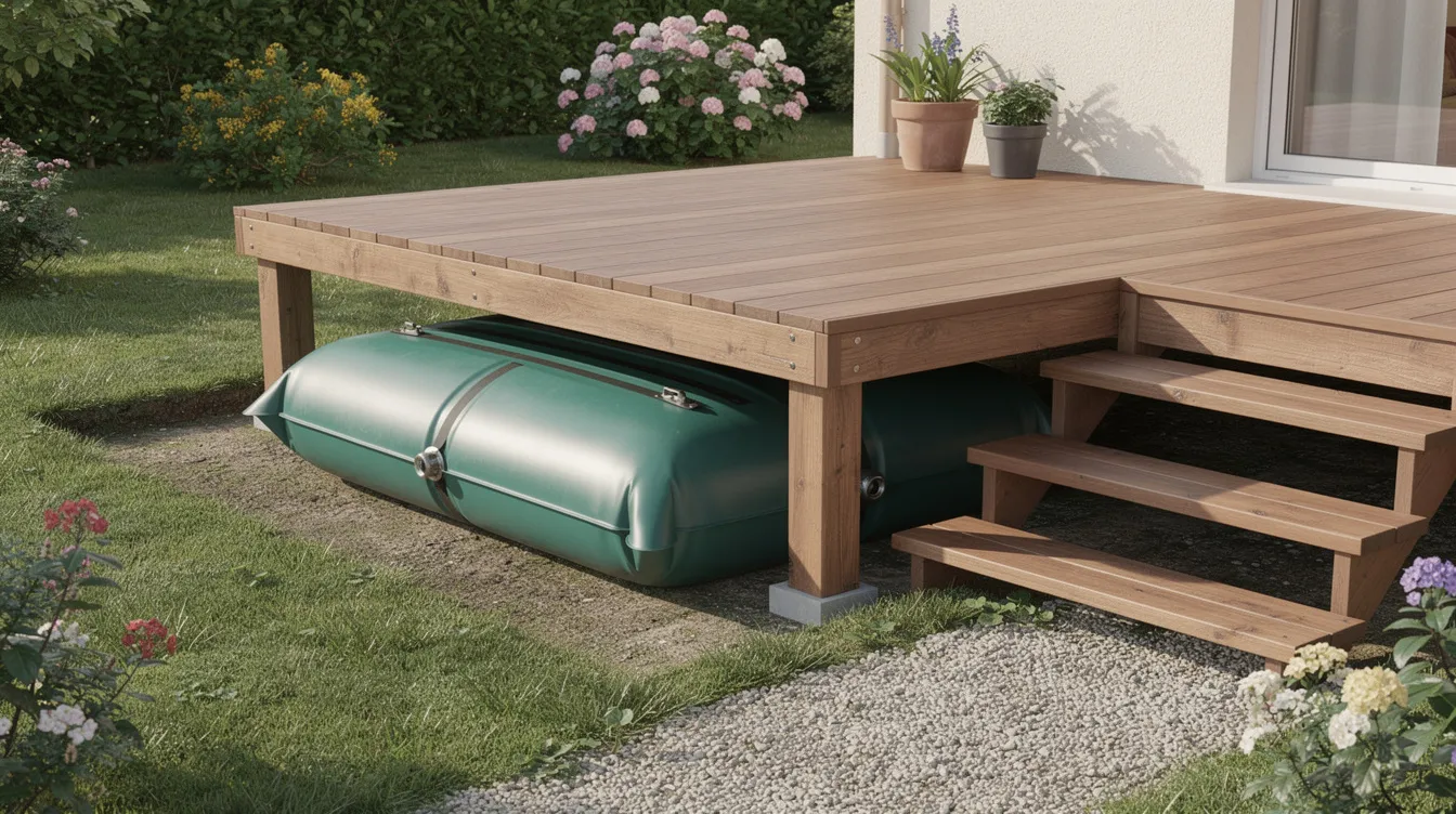L'image montre un jardin avec une citerne souple pour la récupération de l'eau de pluie, partiellement visible sous une terrasse en bois. Cette installation est conçue pour le stockage d'eau, apportant ainsi des ressources précieuses pour l'entretien du jardin.