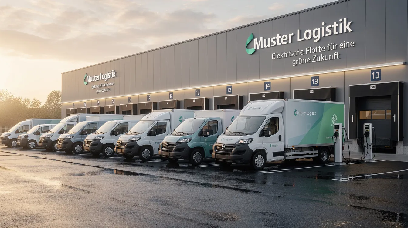 Auf dem Betriebshof sind mehrere elektrische Lieferfahrzeuge und Transporter einer Firmenflotte zu sehen, die umweltfreundliche Mobilität im Verkehrssektor fördern. Diese E-Fahrzeuge tragen zur Reduzierung der CO2-Emissionen bei und unterstützen die Klimaziele durch die Nutzung von Elektromobilität.