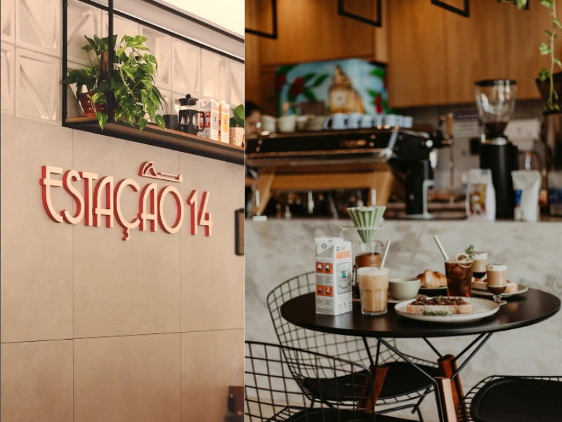 Logo e mesa no ambiente interno da Cafeteria Estação 14. Imagens: Reprodução Instagram.