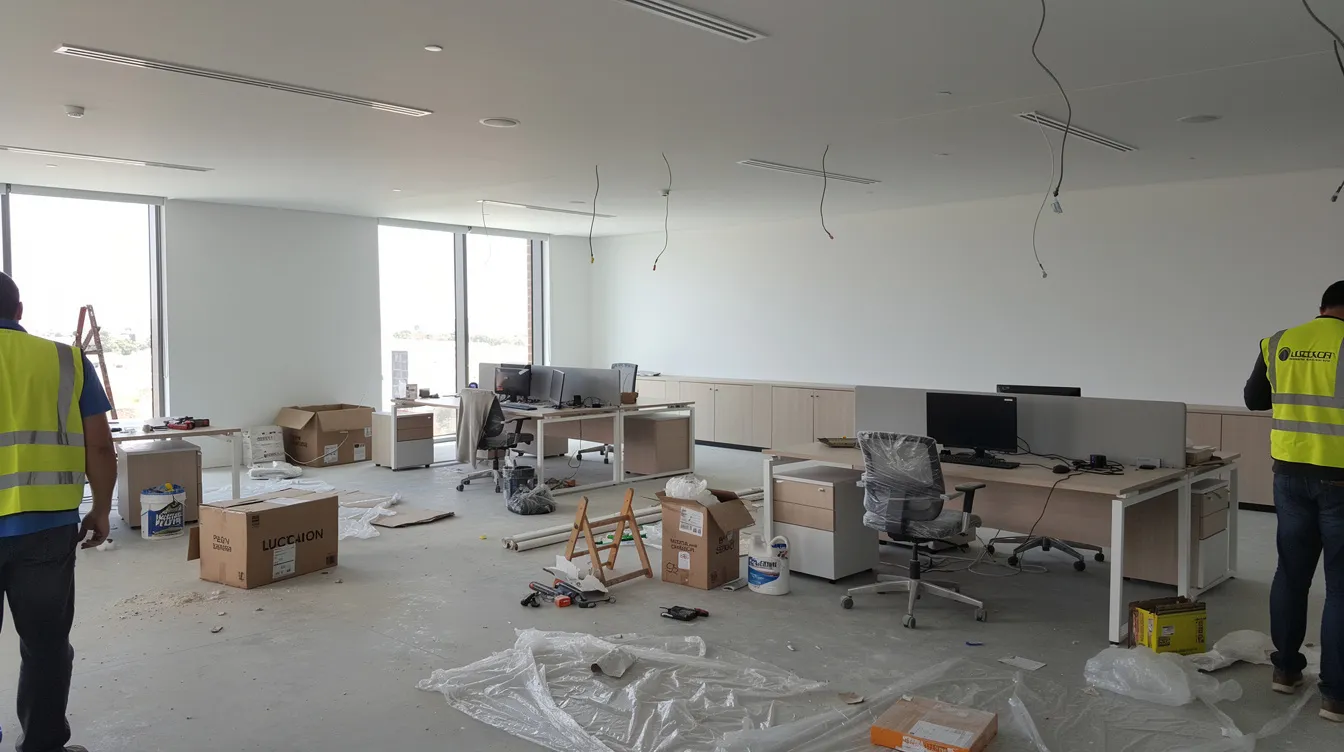 The image depicts the interior of an office that has just completed construction, showcasing dust and debris scattered across the floors and surfaces, indicating the need for post construction cleaning services. The space appears disorganized with visible construction dust on walls and window frames, highlighting the importance of a professional cleaning team to prepare the area for operational efficiency.