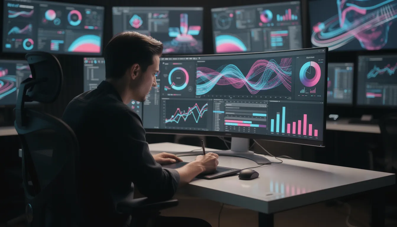 A motion graphics designer is focused on creating animated infographics, utilizing dynamic data visualizations and editing software to enhance the visual content. This scene highlights the intersection of human creativity and powerful AI tools in the video production process, showcasing the creative possibilities of generative AI in video editing.