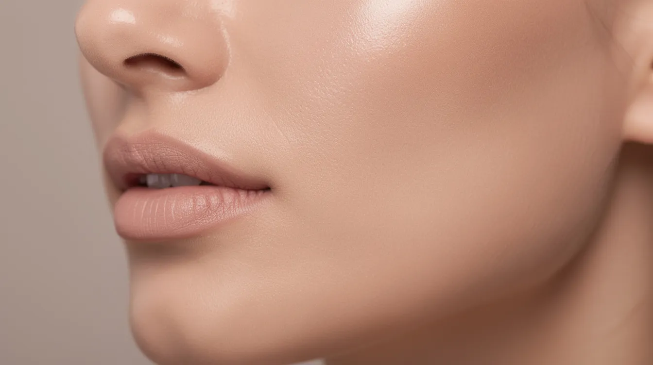 The image showcases a close-up of glowing, healthy facial skin that reflects the results of a non-surgical facelift, highlighting smooth fine lines and an even skin tone. This aesthetic care treatment emphasizes a youthful appearance, demonstrating the effectiveness of non-invasive solutions like dermal fillers and laser treatments.