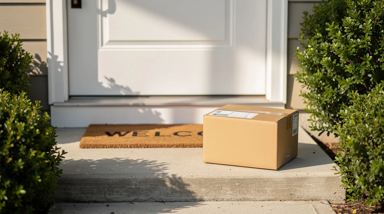 A brown delivery package rests on the front doorstep of a suburban home, illuminated by the bright sunlight of a clear day. This scene captures the essence of everyday life, where packages containing various products, potentially including hemp derived items, are delivered to homes across the neighborhood.