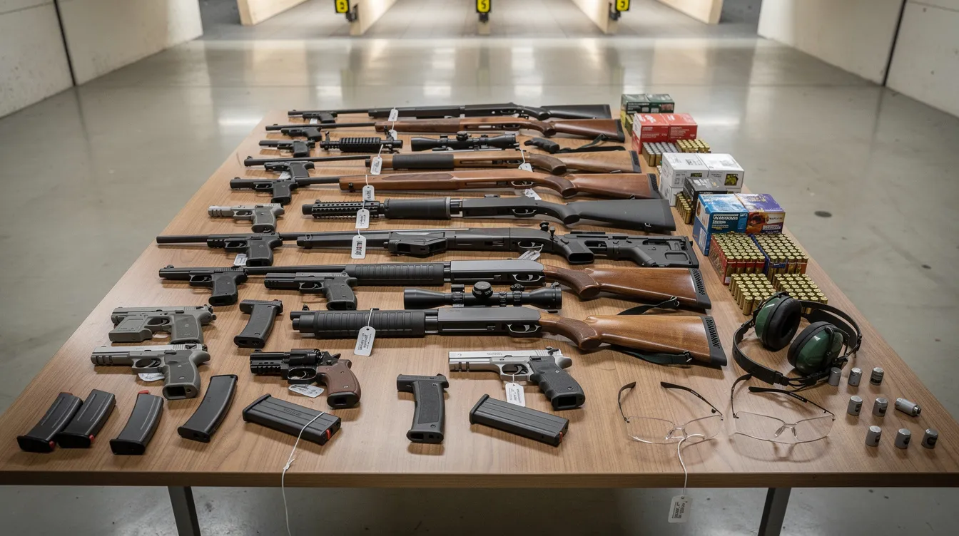 The image shows a variety of firearms, including handguns and rifles, neatly arranged on a table at a shooting range. This scene highlights the importance of understanding Oklahoma gun laws, such as the self-defense act and regulations for carrying firearms in public or private spaces.