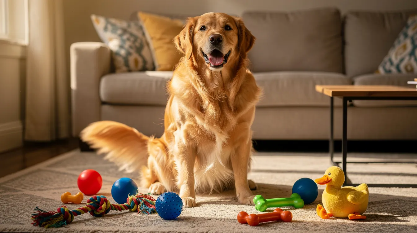 A happy golden retriever sits on a living room floor surrounded by a variety of colorful dog toys, including plush toys, chew toys, and interactive puzzle toys, creating a lively atmosphere for playtime. The scene captures the joy of the dog as it engages with its best and safest toys, perfect for providing mental stimulation and fun activities.