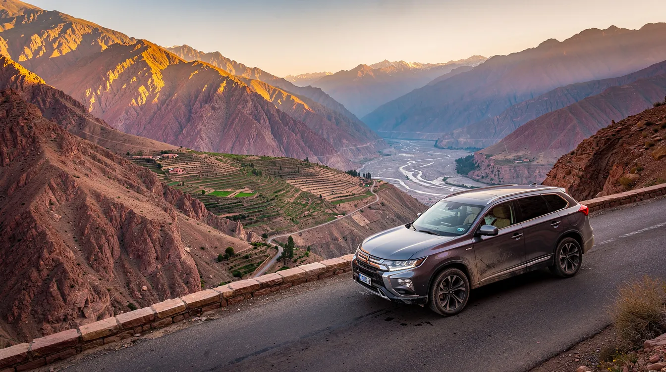 Un SUV garé sur une route de montagne surplombant une vallée de l'Atlas.