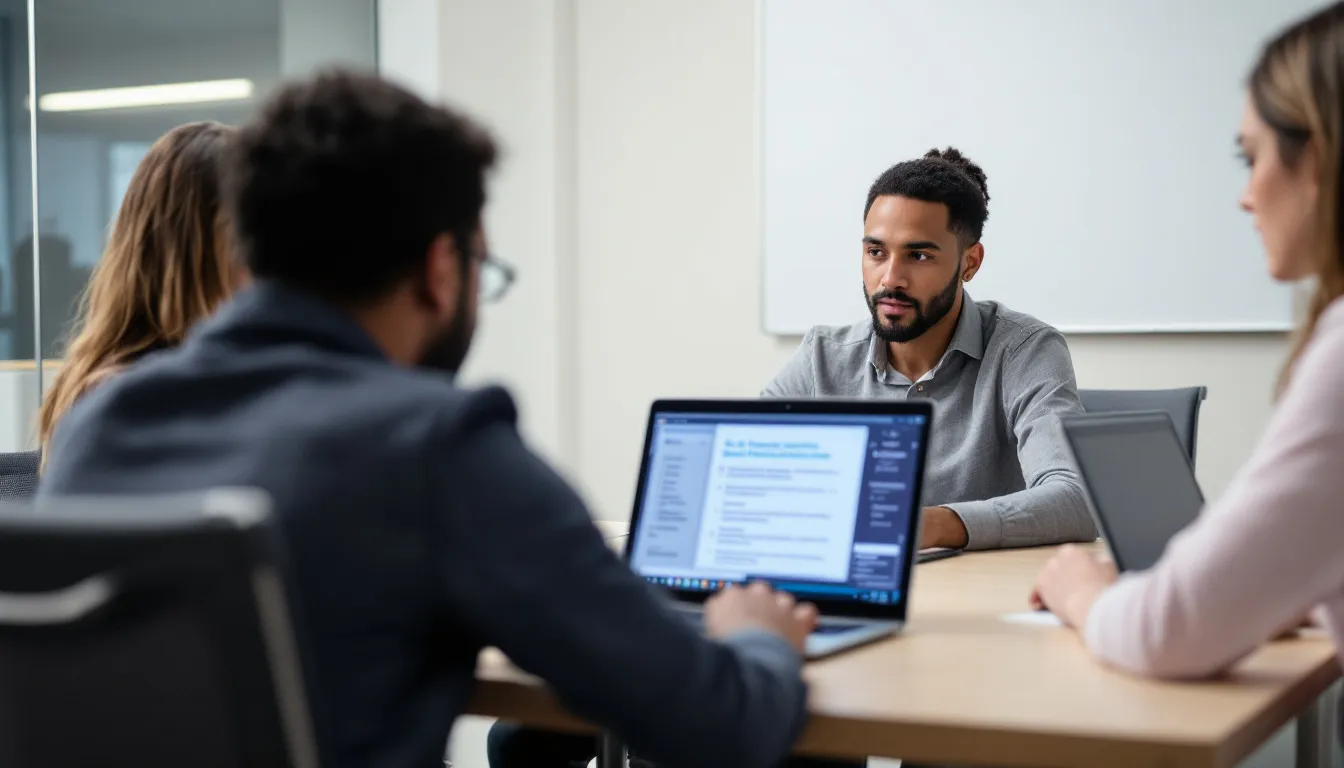 A healthcare compliance and security team is gathered around computer screens, reviewing data protection protocols related to patient data and electronic health records. They are focused on ensuring the security of healthcare data to improve patient outcomes and maintain compliance within healthcare organizations.