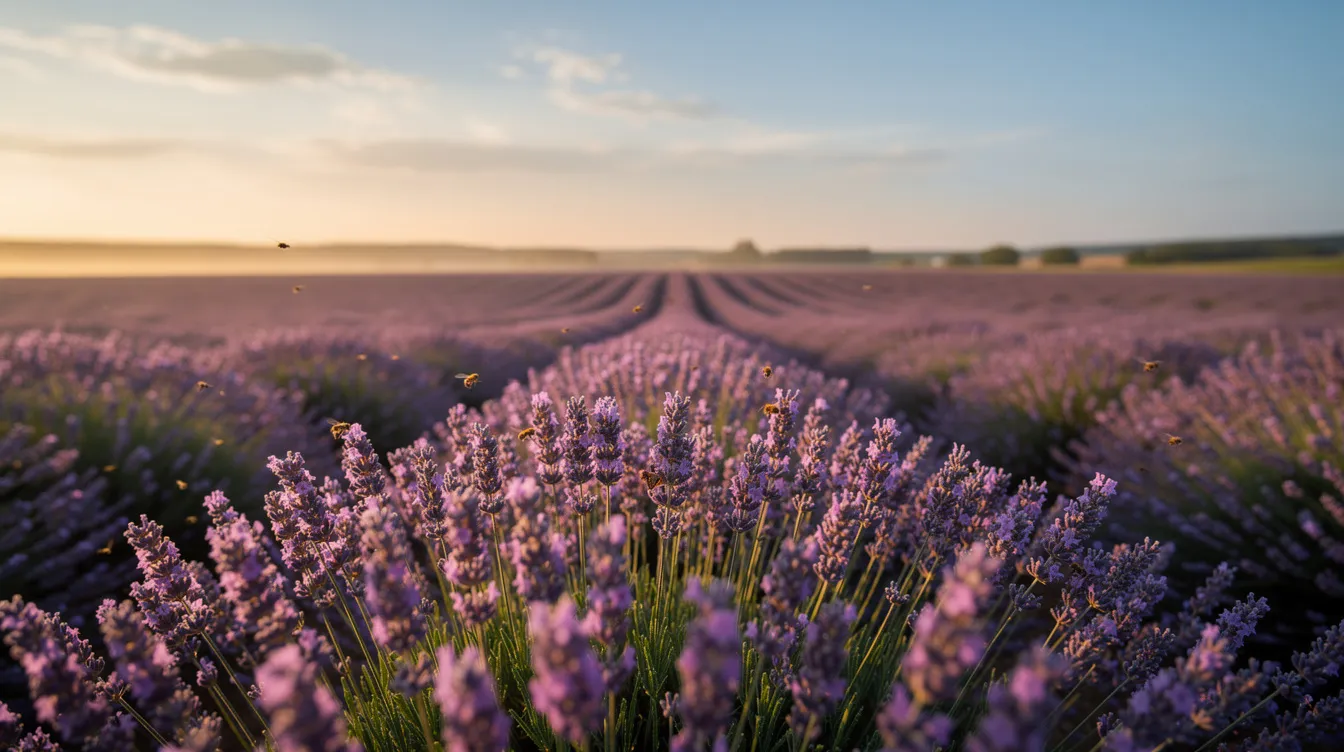 Ein Lavendelfeld in voller Blüte strahlt unter sanftem Sonnenlicht, während der süßliche Duft von Linalool in der Luft liegt. Diese entspannende Atmosphäre fördert das Gefühl von Ruhe und Stressreduktion, ideal für Aromatherapie und zur Unterstützung des Nervensystems.