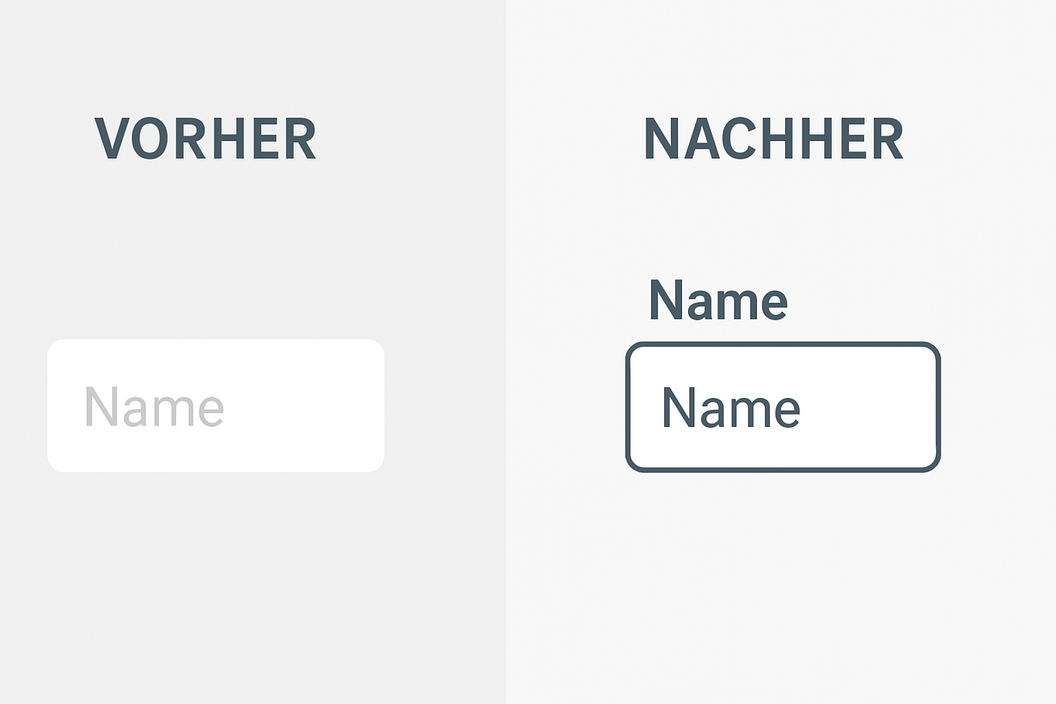 Grafik, die ein Vorher zeigt ohne korrekte Formularfeld Beschriftung und ein Nachher mit korrekter Formularfeld Beschriftung