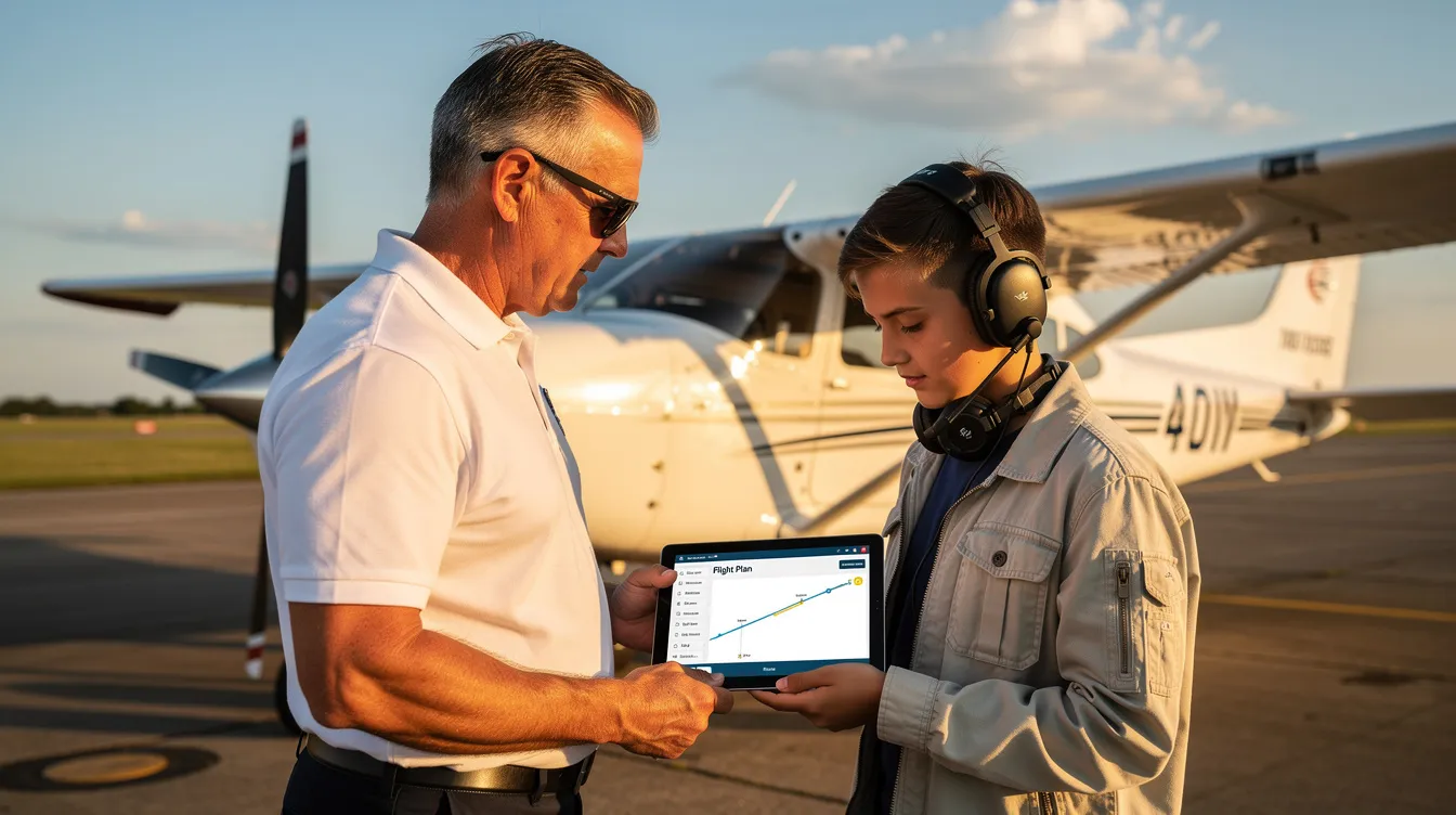 An instructor and a student are reviewing a tablet together next to a training aircraft, discussing the student's progress in their flight training program. The tablet likely displays a dashboard with information related to the student's lessons, hours, and upcoming checkride preparations.