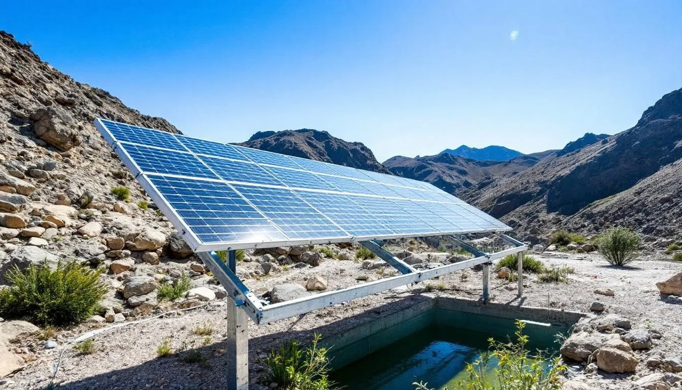 The image depicts a remote off-grid solar water pumping installation, featuring solar panels mounted on a structure, providing reliable operation of a solar powered pump for a rural community. In the background, majestic mountains rise, emphasizing the natural environment while highlighting the importance of clean water access through solar power.